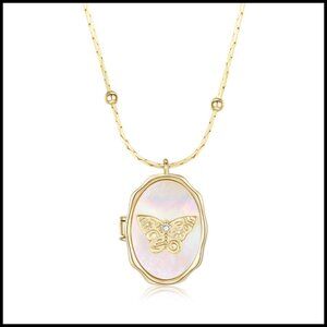 Gold Tone Locket Necklace Butterfly Cupid Oval Pendant Photo Holder Jewelry Gift